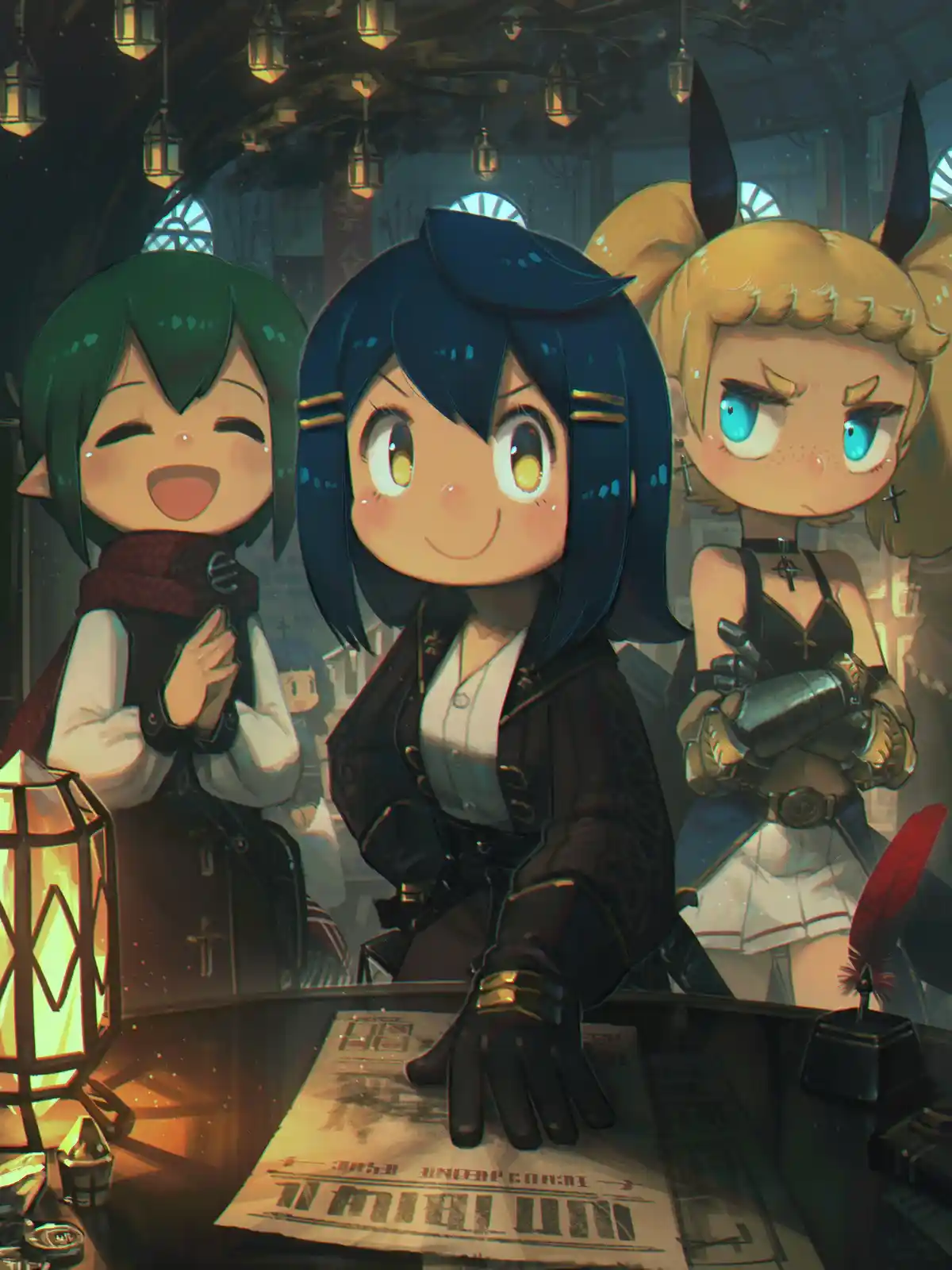 Three chibi-style anime characters sit at a table in a dimly lit, lantern-decorated room. The character on the left with…