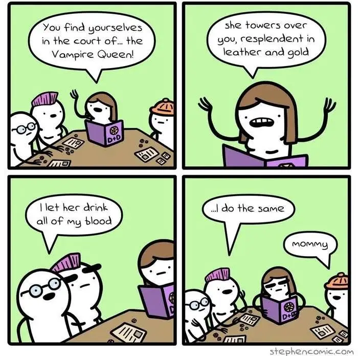 A four-panel comic strip shows a group of cartoon characters playing Dungeons & Dragons. The Dungeon Master, a woman with…