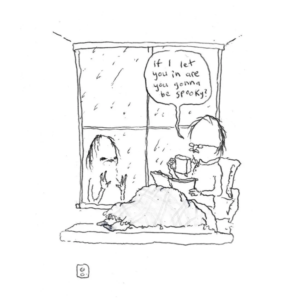 A black-and-white sketch shows a person in bed, holding a mug and reading, looking out a window at a ghostly figure. The…