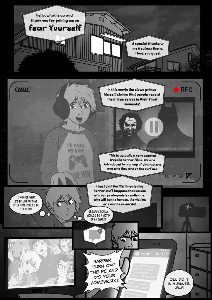 A black-and-white comic strip depicts a young person streaming a horror movie titled 'Fear Yourself,' analyzing character…