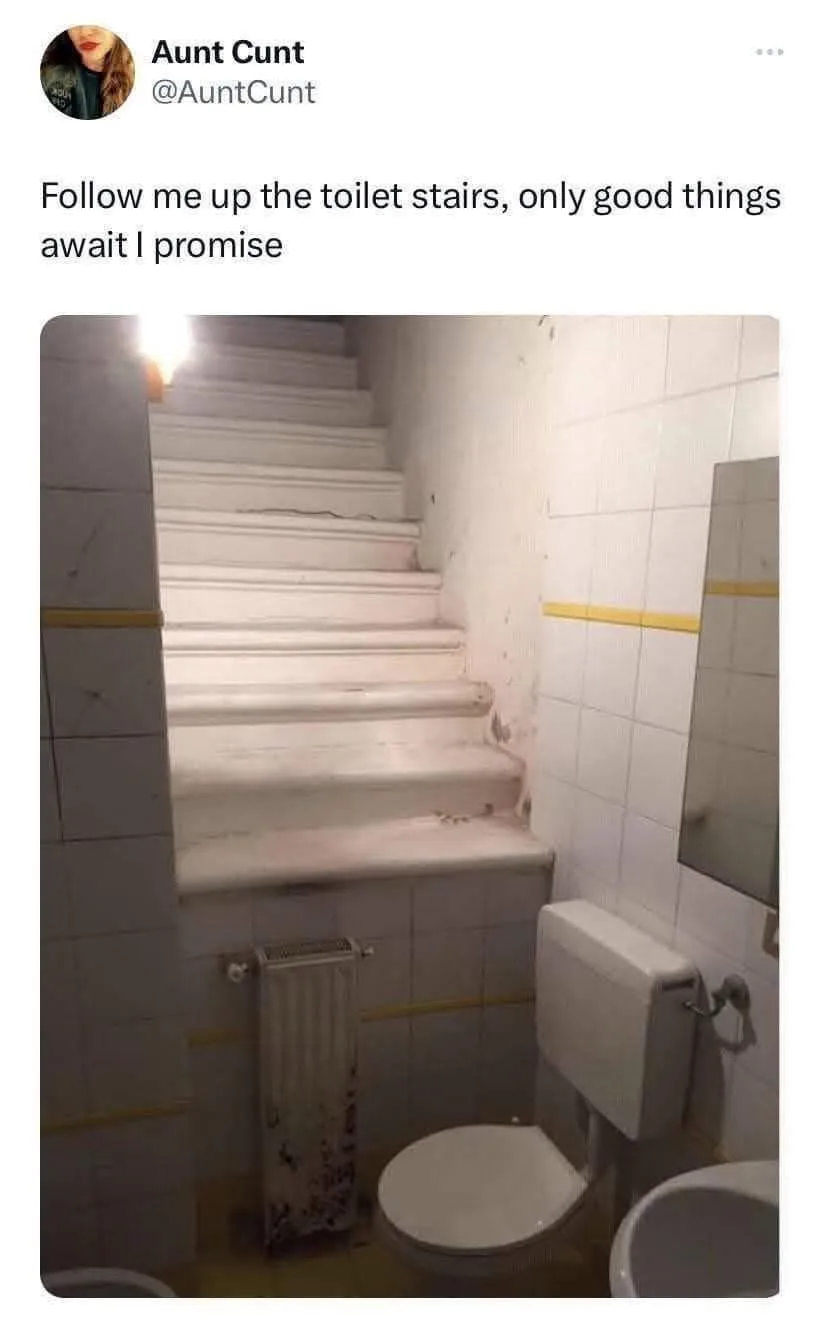 A photo shows a narrow bathroom with white tiled walls and a toilet on the right. A set of stairs rises from the bathroom…