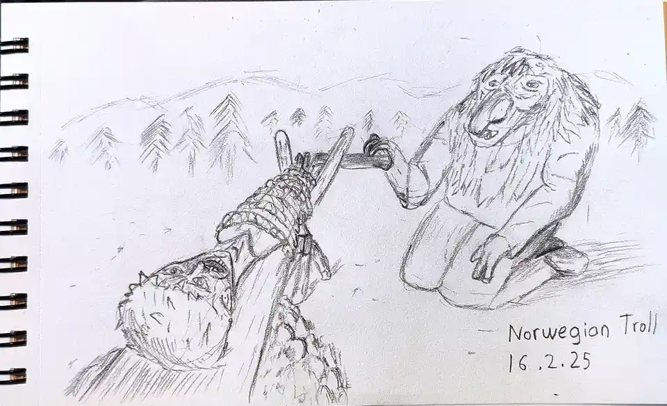 A pencil sketch in a spiral-bound notebook shows a large, hairy troll kneeling and holding a chainsaw, which is being thrust…