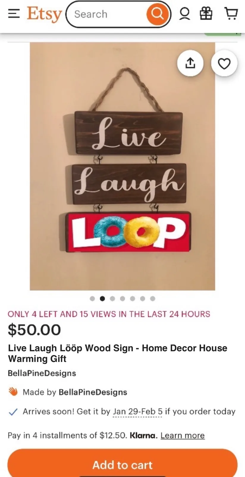 An Etsy product listing shows a three-tiered wooden wall sign with the words 'Live', 'Laugh', and 'LÖÖP' where the 'O's are…