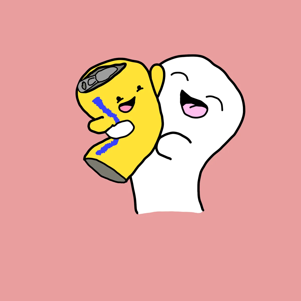 A cartoon drawing shows a yellow can with a gray lid and blue scribbles on its face, appearing to cry while holding a white…