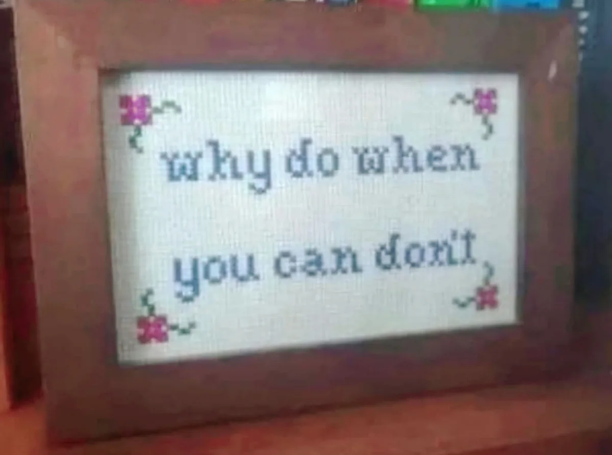 A framed cross-stitch piece with pixelated text that reads 'why do when you can donit', surrounded by small floral motifs in…