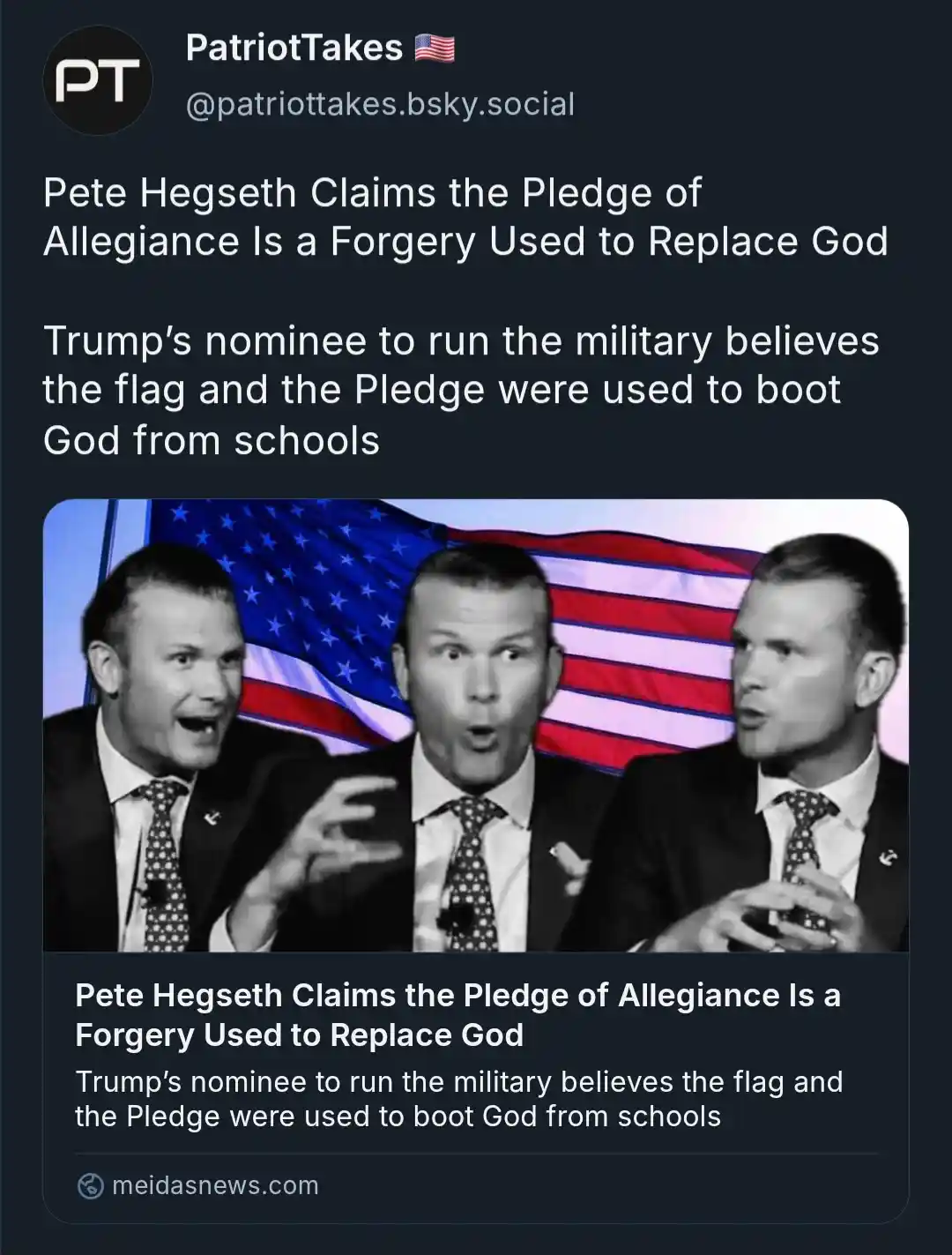The image shows three identical copies of Pete Hegseth in suits and ties, positioned side-by-side against an American flag…