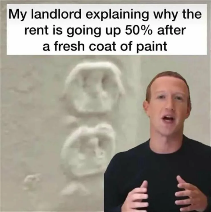 A man, resembling Mark Zuckerberg, is shown mid-speech with hands gesturing, superimposed over a blurry image of a wall with…