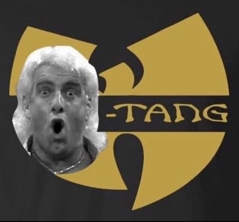 A black-and-white photo of a man with white hair and an open-mouthed shocked expression is superimposed over the Wu-Tang…