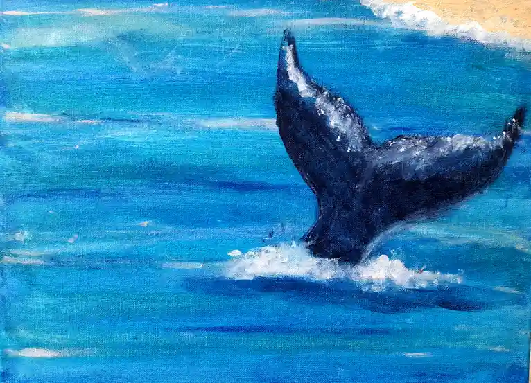 A painting depicts a whale's tail fluke emerging from blue ocean water, creating white splashes. The overlaid text reads…
