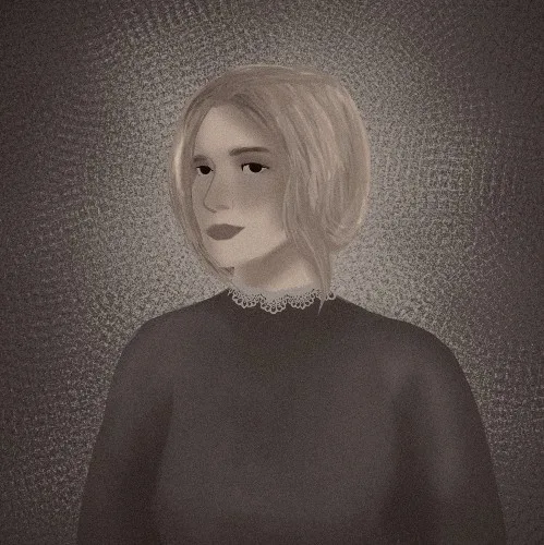 A stylized, sepia-toned digital portrait of a woman with short blonde hair, wearing a dark sweater and a white lace collar…