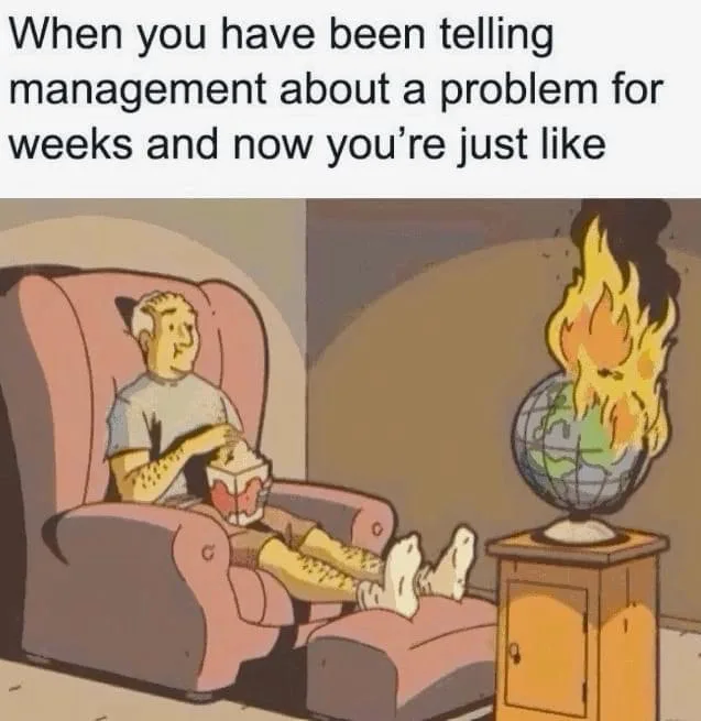 A cartoon man sits relaxed in a pink recliner, eating popcorn, while a globe on a stand beside him is on fire. The text…