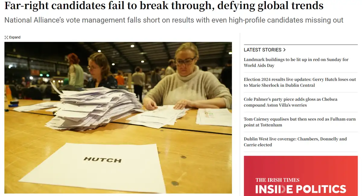 A screenshot of a news article from The Irish Times showing a photo of election workers sorting ballots at a table. A single…