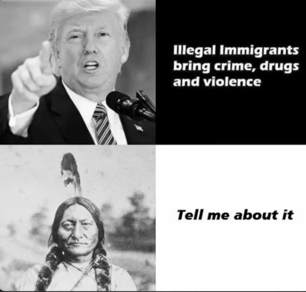 The image is a two-panel meme. The top panel shows Donald Trump pointing angrily while text says 'Illegal Immigrants bring…