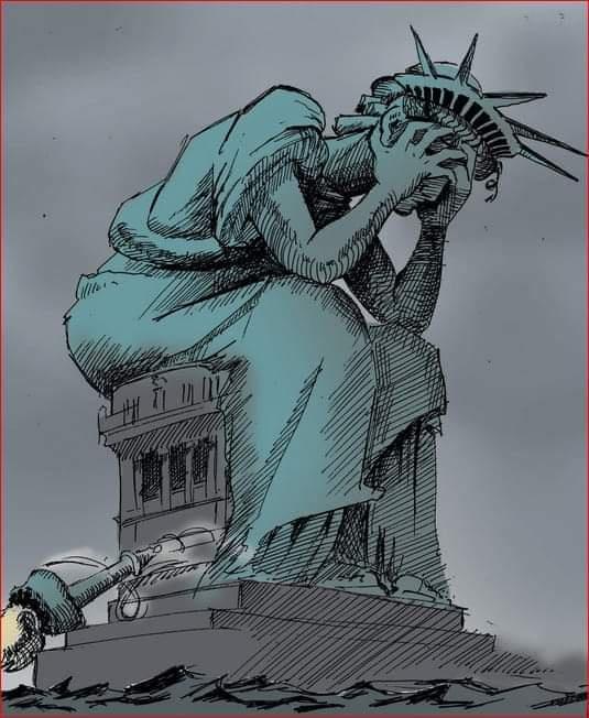 A stylized, sketch-like drawing of the Statue of Liberty with her head bowed and hands covering her face in apparent…