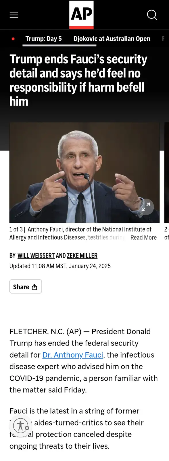 A screenshot of an Associated Press news article from January 24, 2025, featuring a photo of Dr. Anthony Fauci testifying…