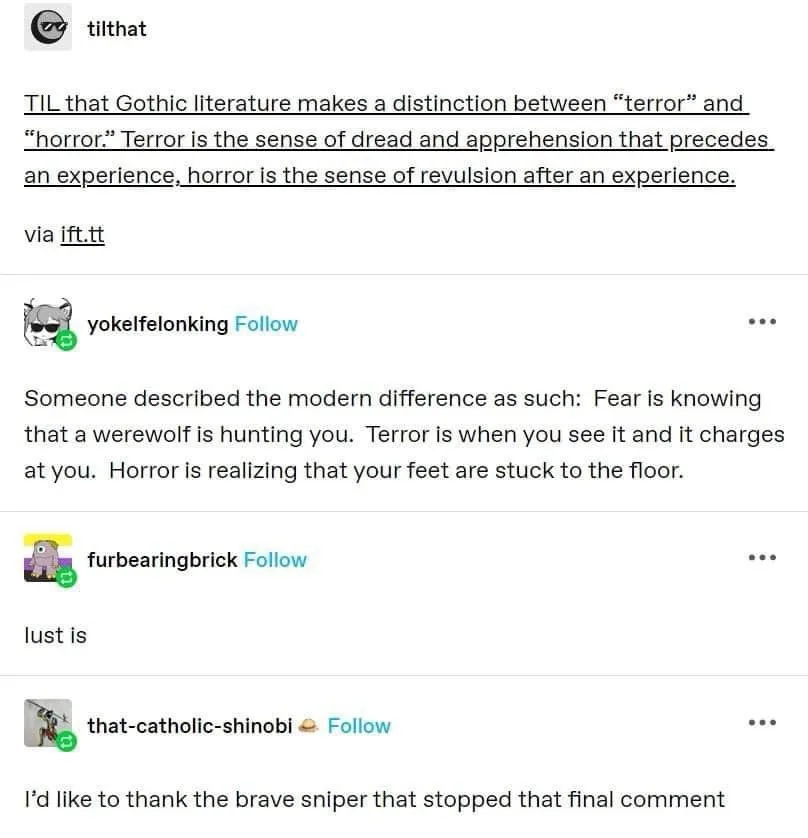A screenshot of a Reddit thread where a user explains the difference between fear, terror, and horror using a werewolf…
