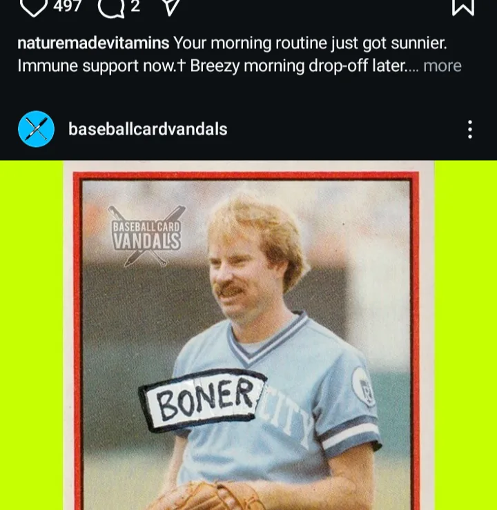 A vintage baseball card of a man with a mustache wearing a light blue jersey is digitally altered to have the word 'BONER'…