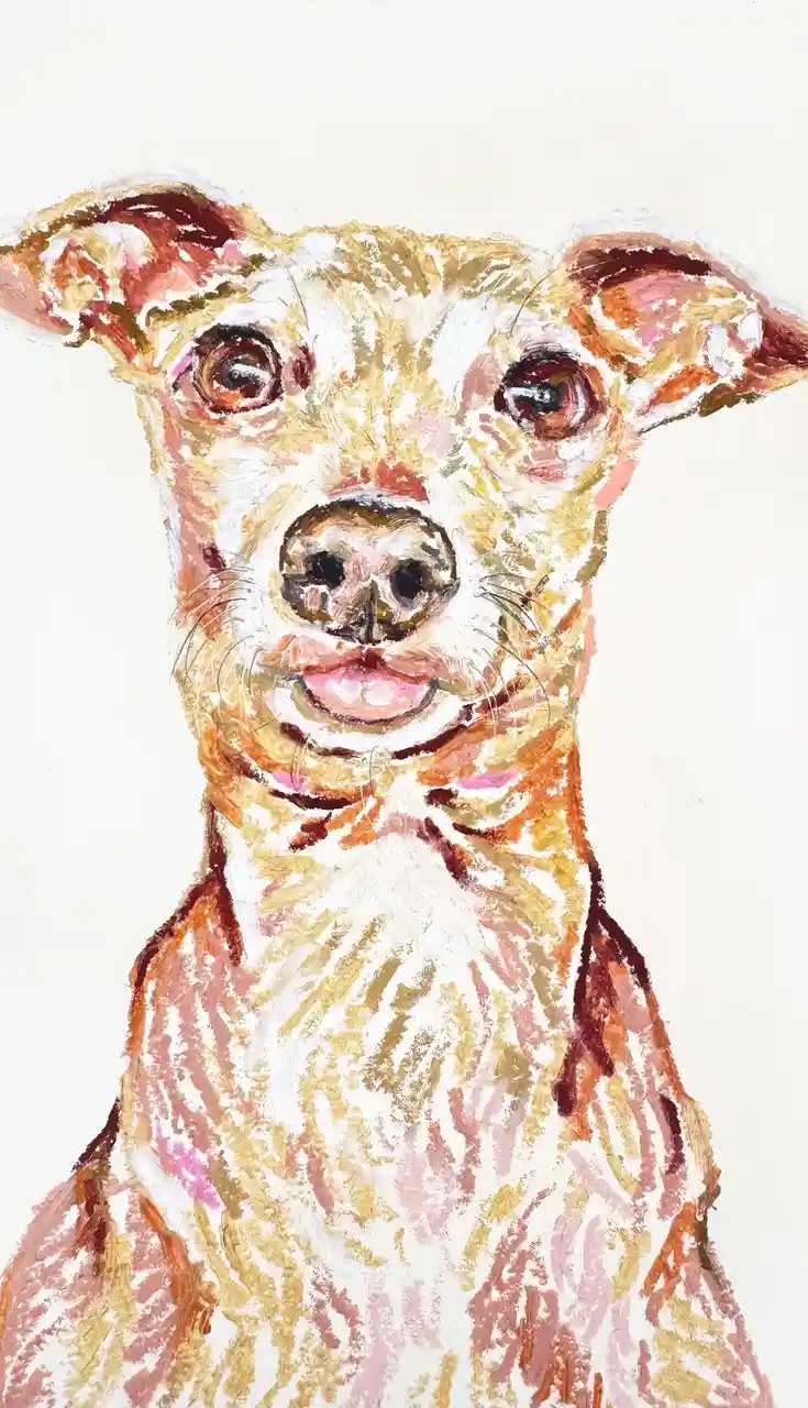 A textured, painterly portrait of a dog with a wide, toothy grin, rendered in warm tones of orange, white, and pink against…