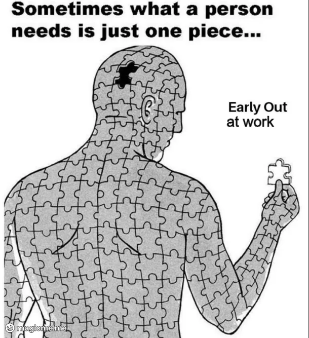 A black-and-white image shows a man's back and head made of jigsaw puzzle pieces, with one missing piece in the head area…