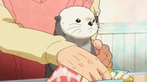 A six-panel anime sequence shows a small otter being fed a sandwich by a human hand. In the first three panels, the otter…