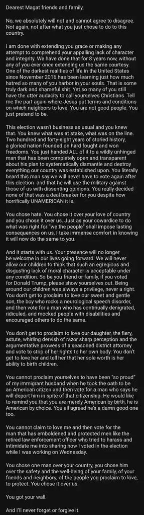 The image displays a long, emotionally charged letter written in white text on a black background. The letter, addressed to…