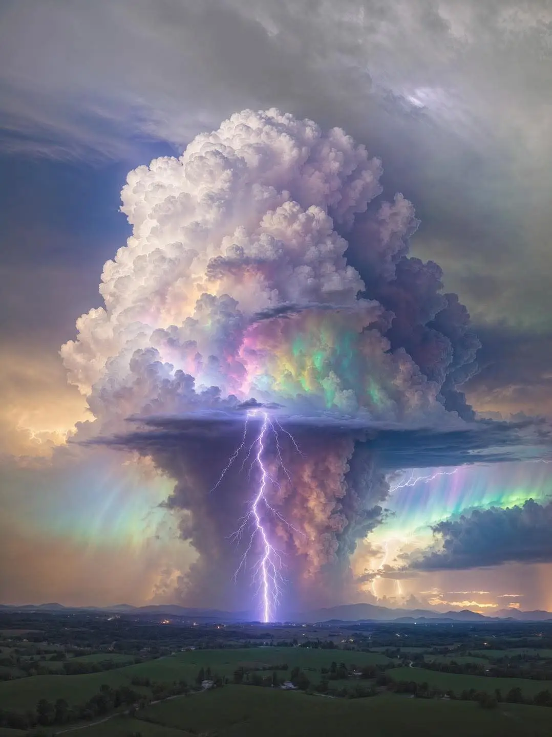 A dramatic, surreal sky features a massive, colorful storm cloud with vivid purple and green aurora-like light effects…