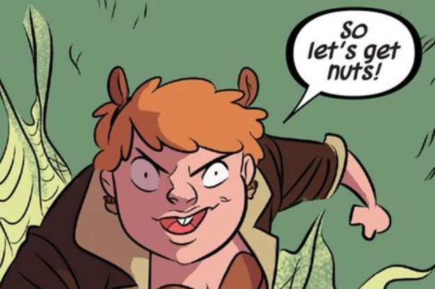 A cartoon character with orange hair and small horns, wearing a brown jacket, has an intense, mischievous grin while flexing…