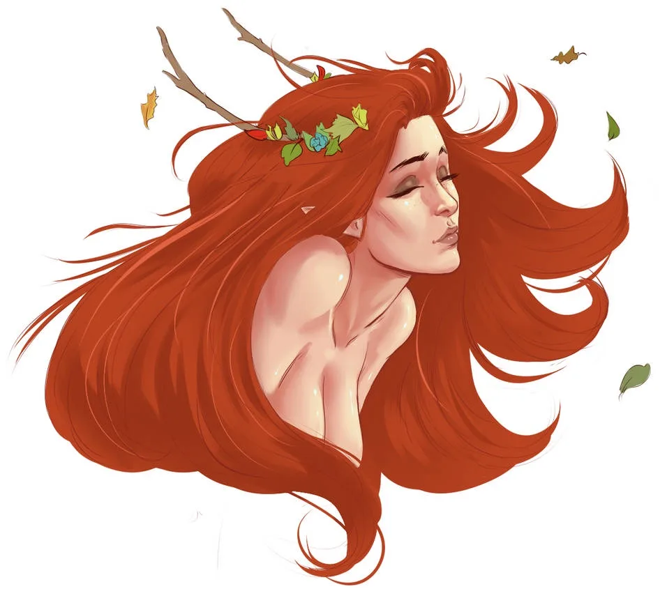 An illustration of a woman with long red hair, deer antlers, and a floral crown, surrounded by falling leaves. The overlaid…