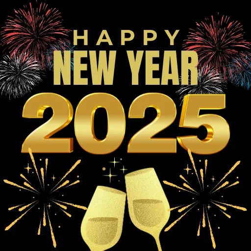 A celebratory graphic with golden 'HAPPY NEW YEAR 2025' text centered over a black background, flanked by red, white, and…