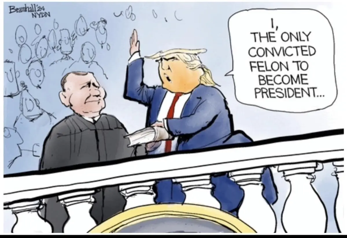 A political cartoon depicts Donald Trump raising his right hand as if taking an oath, while a judge looks on. Trump is…