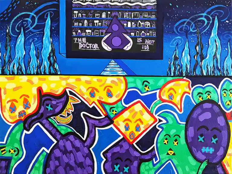 A colorful, stylized painting depicts a chaotic scene with purple and green cartoonish creatures with X’s for eyes, some…