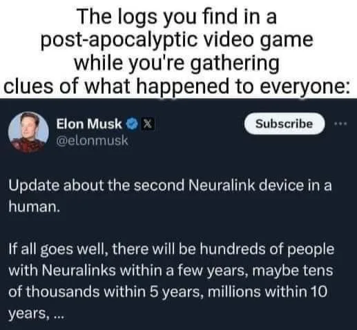 A screenshot of a tweet from Elon Musk's verified X account, which reads 'Update about the second Neuralink device in a…