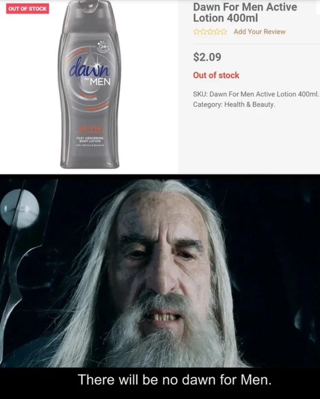 The top half shows an online product listing for 'Dawn For Men Active Lotion 400ml' priced at $2.09, marked 'Out of stock'…