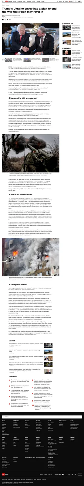 A screenshot of a CNN article titled 'Trump's Ukraine envoy has a plan to end the war that Putin may revel in' shows a photo…