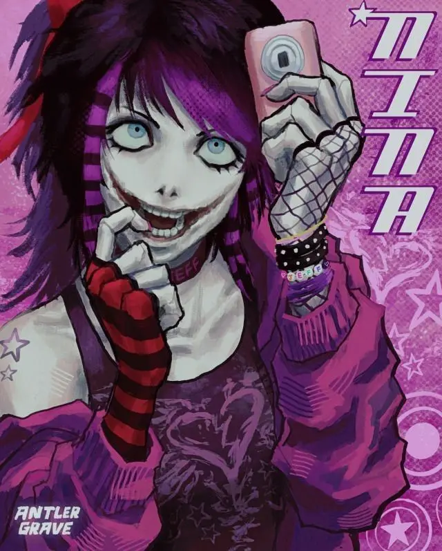 A stylized anime girl with purple hair, pale skin, and a wide, toothy grin holds up a pink camera to take a selfie. She…