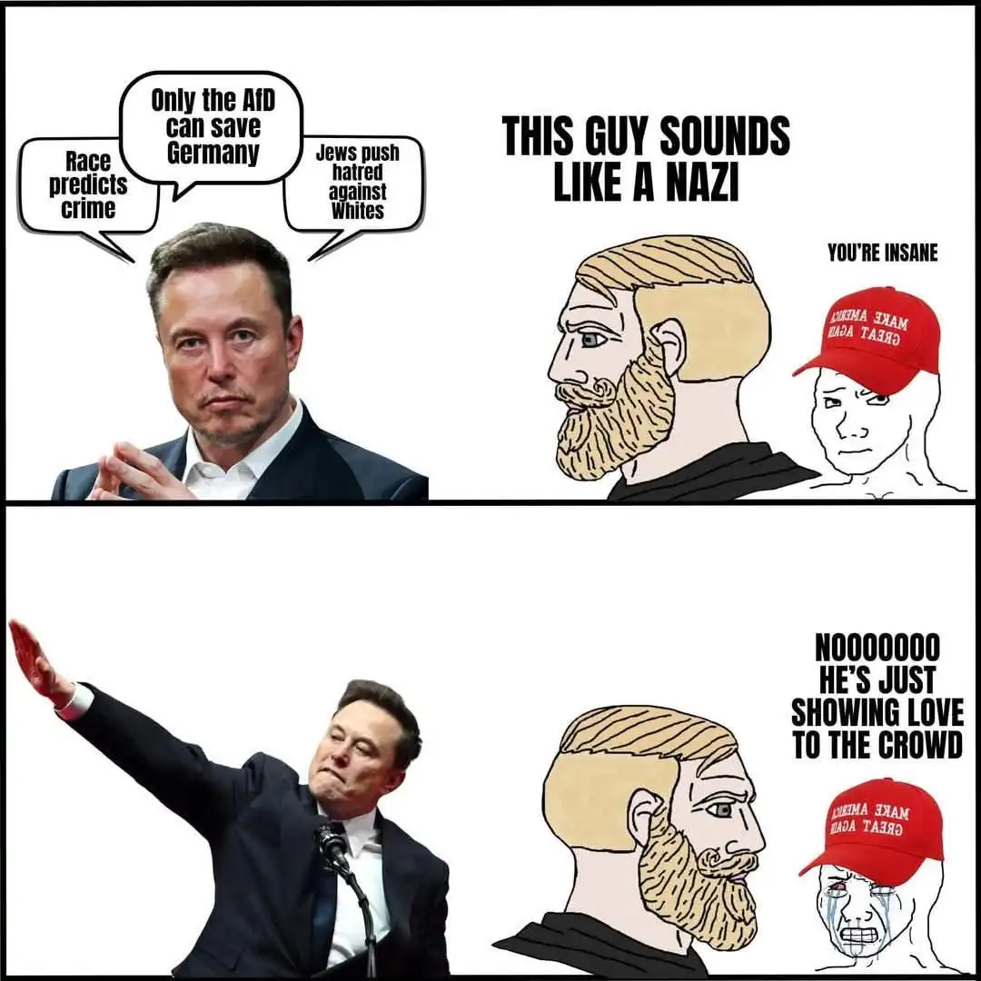 The meme features Elon Musk in two panels. In the top panel, he's shown with speech bubbles containing racially charged…