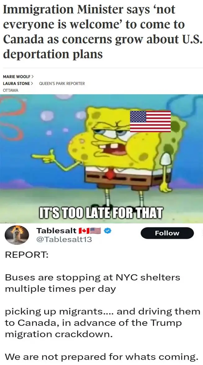 The image shows the cartoon character SpongeBob SquarePants with an angry expression, pointing to the side. An American flag…