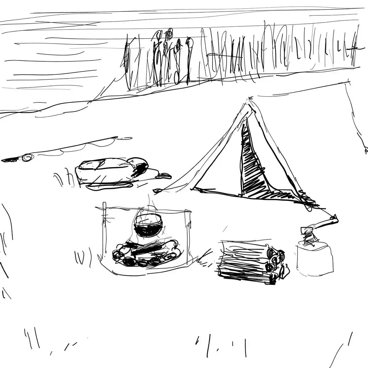 A simple black-and-white sketch depicts a camping scene with a tent, a sleeping bag, a campfire with a pot, and a pile of…