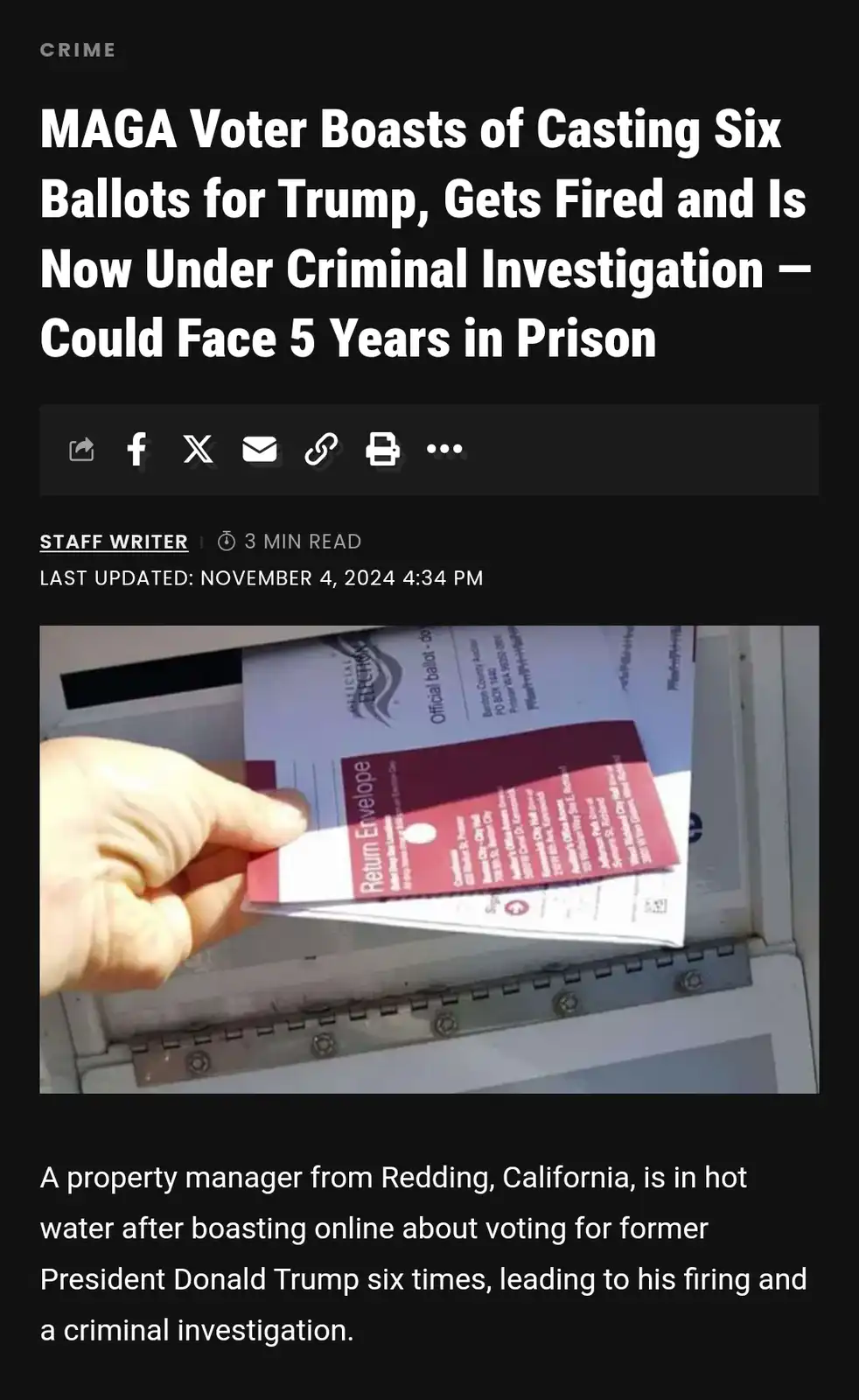 A screenshot of a news article with a headline about a MAGA voter who allegedly cast six ballots for Trump and is now under…