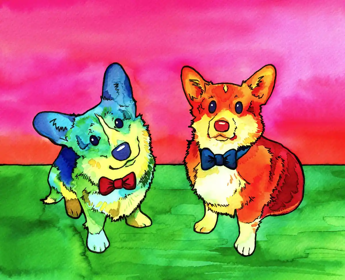 Two cartoon corgis stand on green grass against a pink and orange sky. The corgi on the left is multicolored with blue…