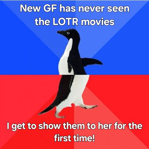 A black-and-white penguin walks across a blue-and-red background, with text above reading 'New GF has never seen the LOTR…