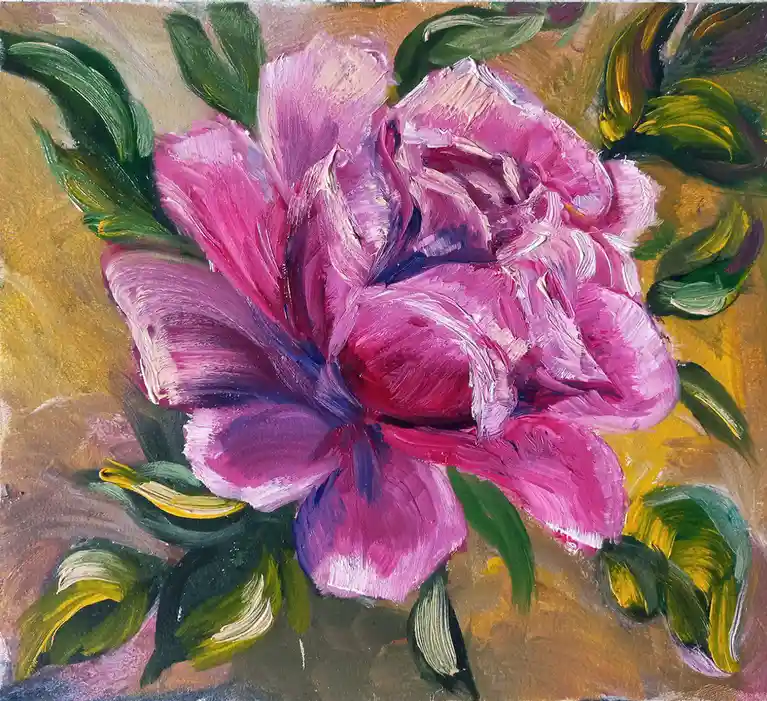 A thickly painted oil painting of a large, vibrant pink peony flower with green leaves against a textured brown and yellow…