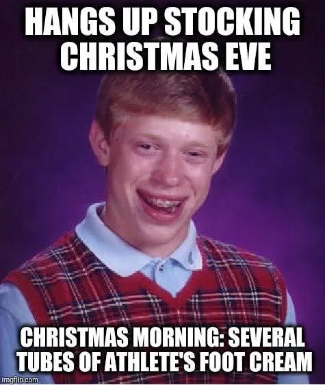The image features the well-known 'Bad Luck Brian' template, showing a young man with a wide, awkward grin, wearing a red…
