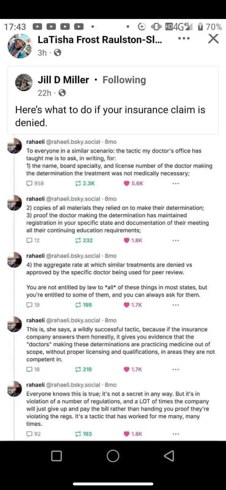 A screenshot of a social media thread where user 'Jill D Miller' posts a guide titled 'Here's what to do if your insurance…
