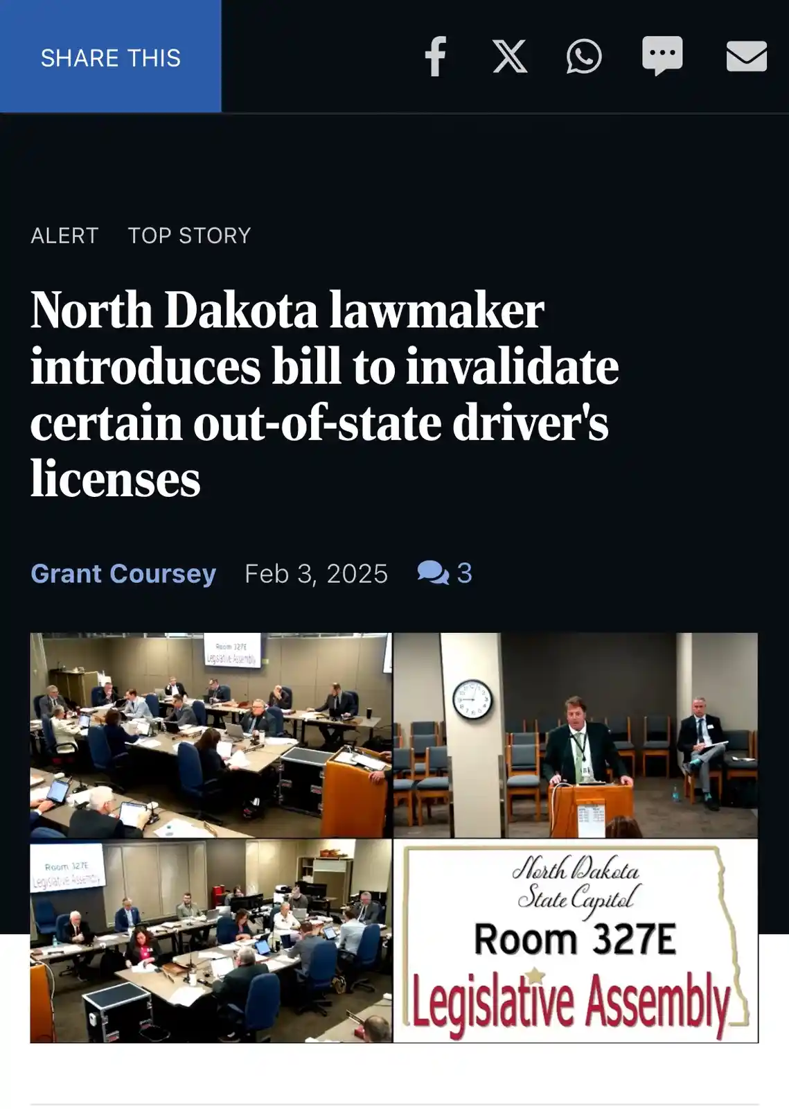 A screenshot of a news article from February 3, 2025, by Grant Coursey, featuring a headline about a North Dakota lawmaker…