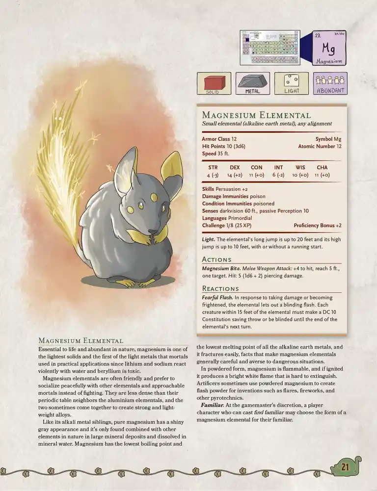An illustrated page from a fantasy game manual depicts a cute, gray, rodent-like elemental with yellow accents and a fiery…