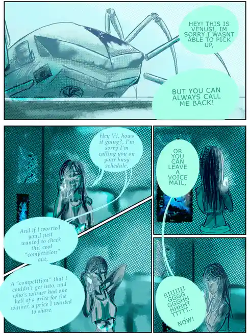 A comic strip with a teal halftone filter shows a character named Venus answering a phone call. The caller, who is busy…