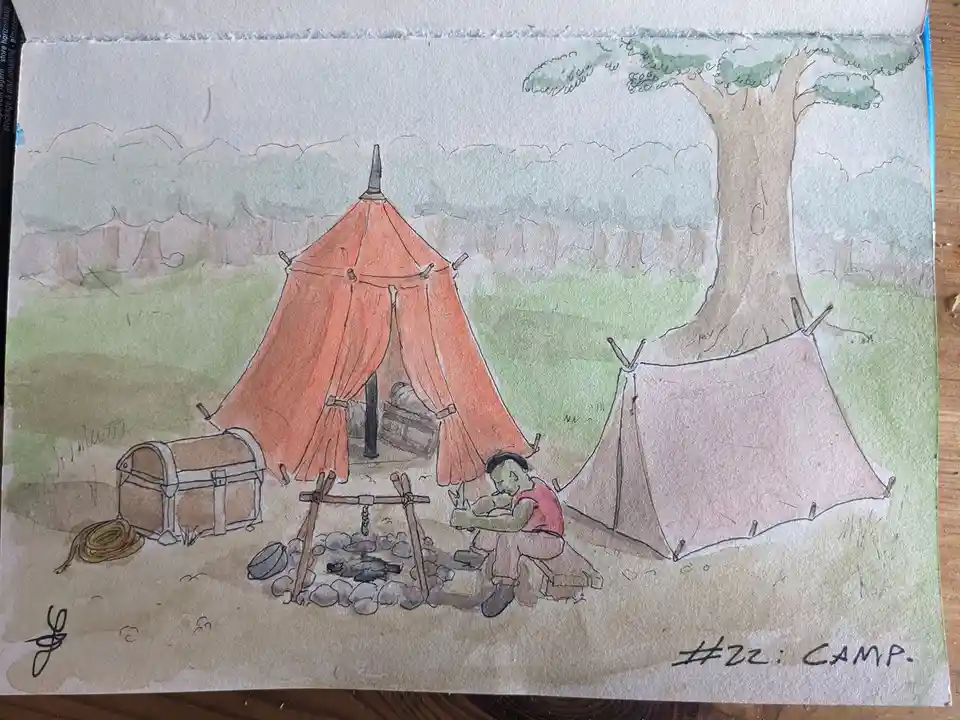 A watercolor drawing depicts a campsite with two tents, one orange and one beige, under a large tree. A green-skinned…