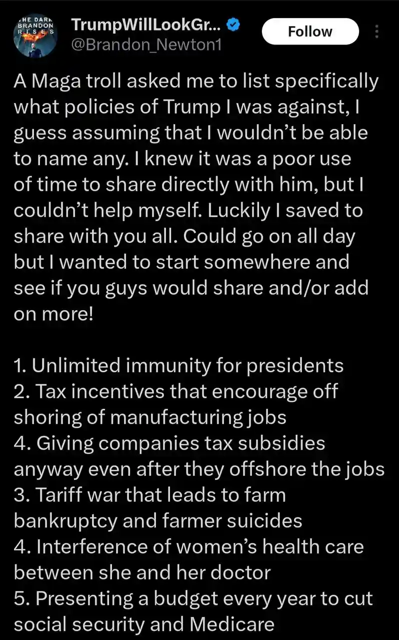 A screenshot of a tweet by Brandon Newton, who lists specific policies he opposes from Donald Trump, including unlimited…