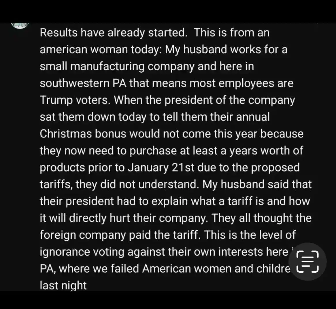 A black-background image displays a long block of white text, which is a social media post from an American woman describing…